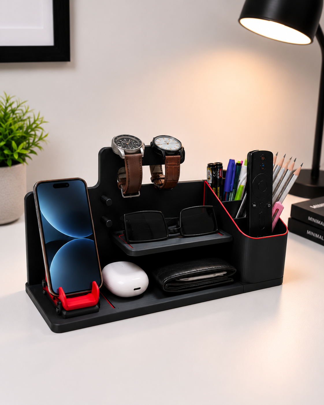 Black desk organizer with red car seat model