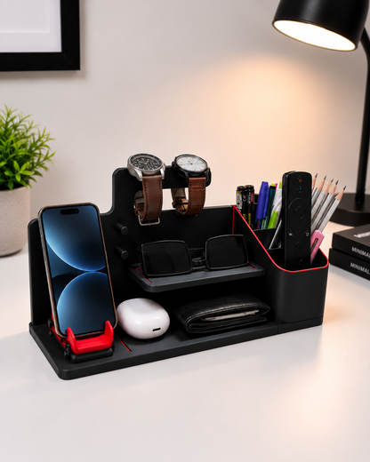Black desk organizer with red car seat model