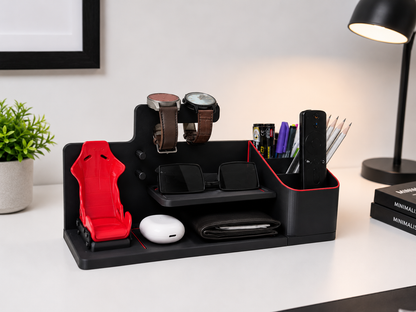 Black desk organizer with red car seat model